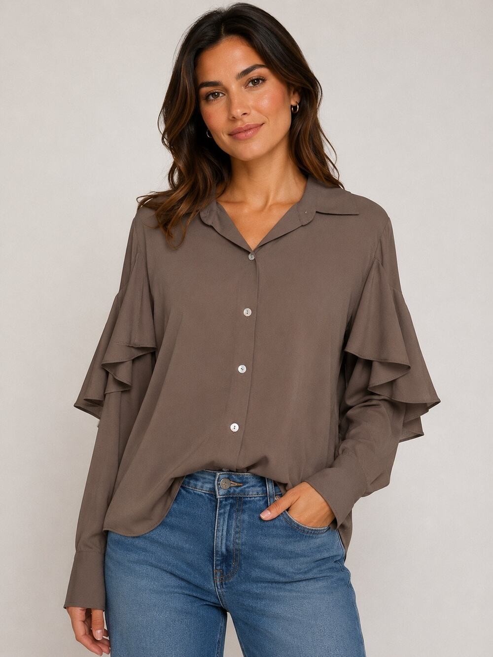 Fifteen Twenty Ruffle Sleeve Button Down Blouse Taupe Brown S NWOT